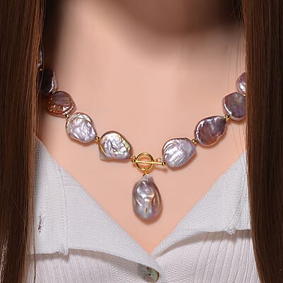 Purple Keshi Pearl Necklace in 14K Yellow Gold Over Sterling Silver 20 Inches