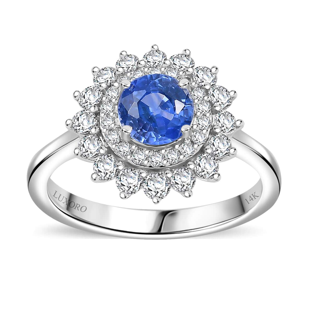 Certified & Appraised Luxoro AAA Blue Sapphire and G-H I2 Diamond 1.86 ctw Floral Ring in 14K White Gold (Size 7.0) image number 0