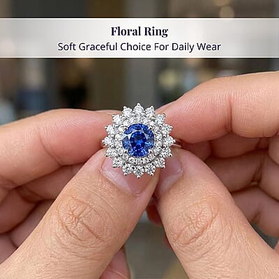 Certified & Appraised Luxoro AAA Blue Sapphire and Diamond G-H I2 1.86 ctw Floral Ring in 14K White Gold (Size  8.0)