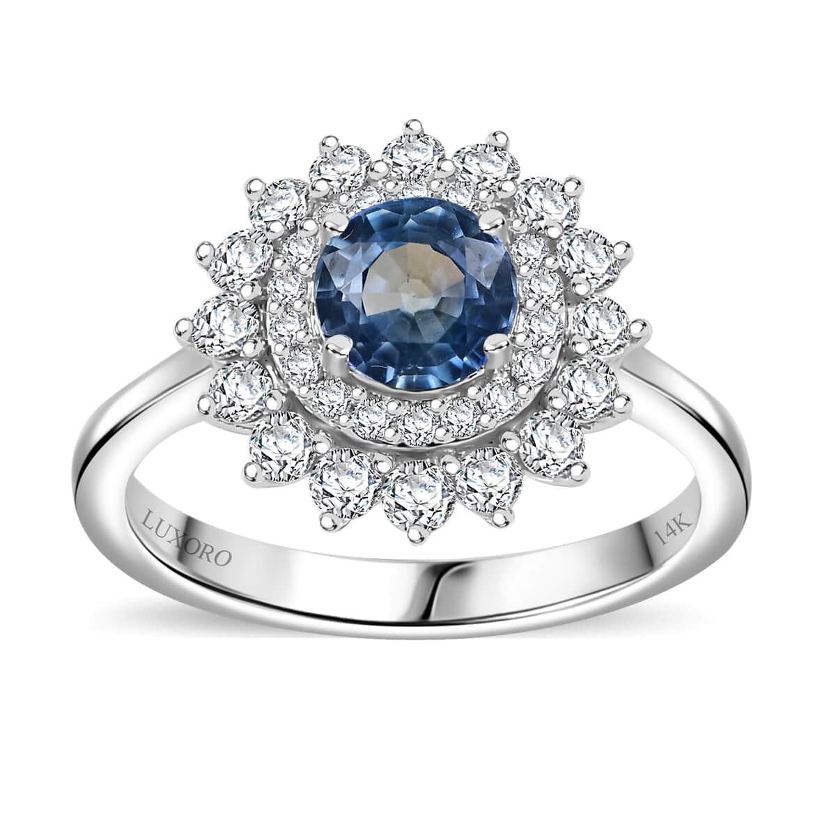 Certified & Appraised Luxoro AAA Blue Sapphire and G-H I2 Diamond 1.80 ctw Floral Ring in 14K White Gold (Size 7.0) image number 0