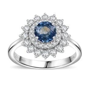 Certified & Appraised Luxoro AAA Blue Sapphire and G-H I2 Diamond 1.80 ctw Floral Ring in 14K White Gold (Size 7.0)