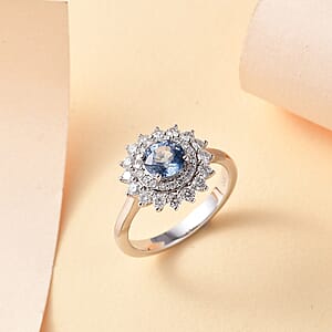 Certified & Appraised Luxoro AAA Blue Sapphire and G-H I2 Diamond 1.80 ctw Floral Ring in 14K White Gold (Size 7.0)