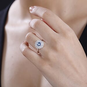 Certified & Appraised Luxoro AAA Blue Sapphire and G-H I2 Diamond 1.80 ctw Floral Ring in 14K White Gold (Size 7.0)