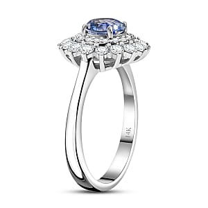 Certified & Appraised Luxoro AAA Blue Sapphire and G-H I2 Diamond 1.80 ctw Floral Ring in 14K White Gold (Size 7.0)