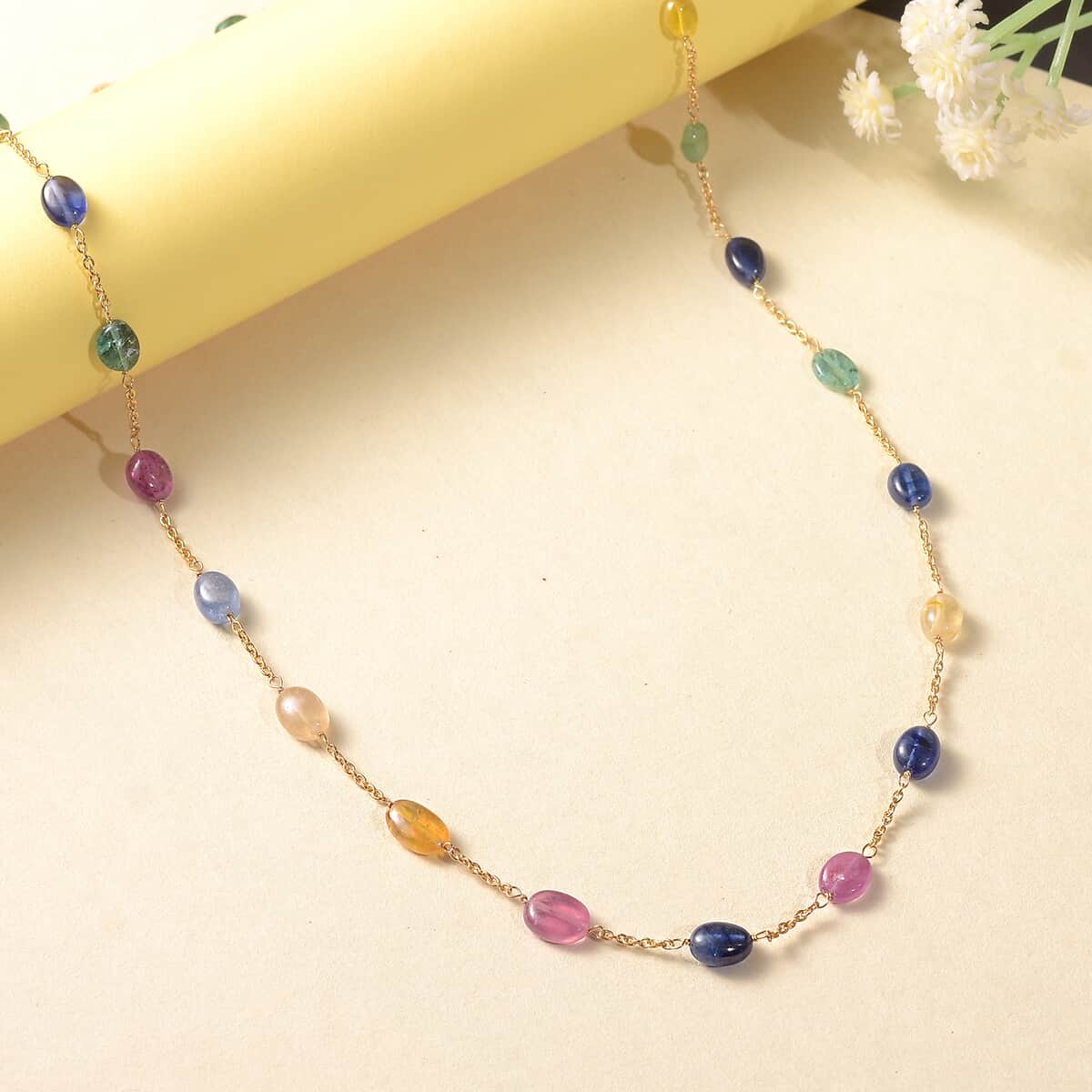 Multi Sapphire 45.00 ctw Necklace in 18K Vermeil Yellow Gold Over Sterling Silver 24 Inches image number 1