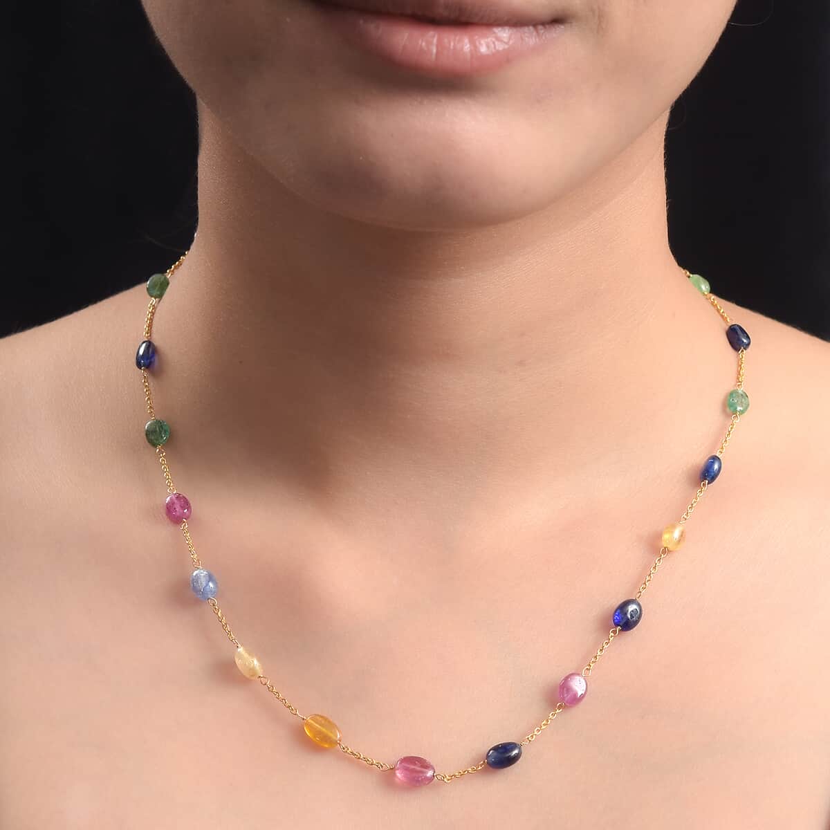 Multi Sapphire 45.00 ctw Necklace in 18K Vermeil Yellow Gold Over Sterling Silver 24 Inches image number 2