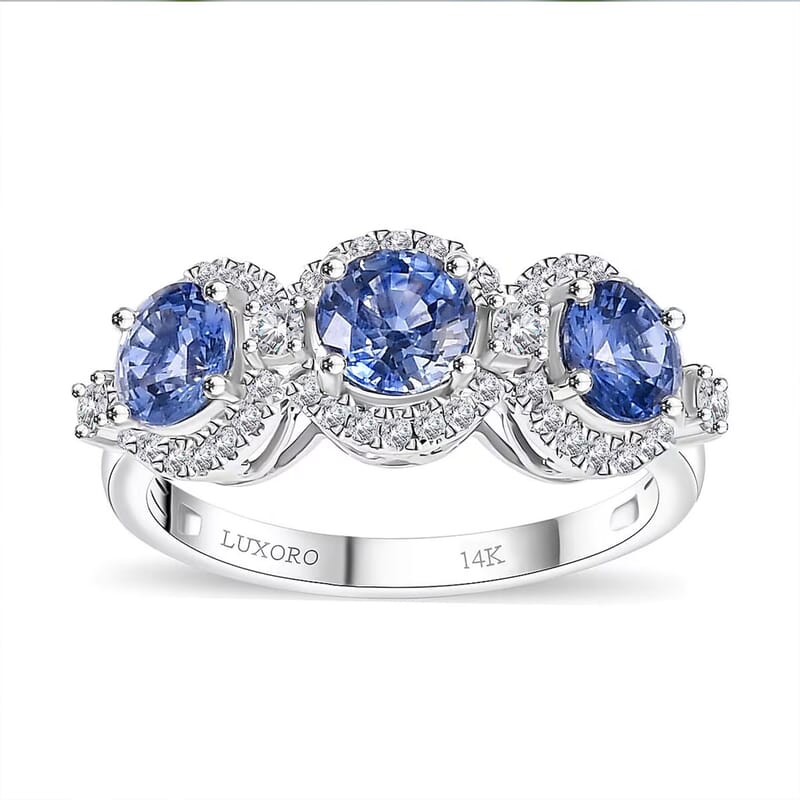 Certified & Appraised Luxoro AAA Ceylon Blue Sapphire and Diamond G-H I2 2.88 ctw Triple Halo Ring in 14K White Gold (Size  8.0)  4.37 Grams