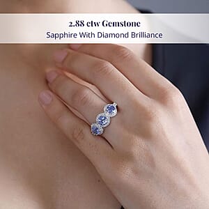 Certified & Appraised Luxoro AAA Ceylon Blue Sapphire and G-H I2 Diamond 2.88 ctw Triple Halo Ring in 14K White Gold (Size 8.0) 4.37 Grams