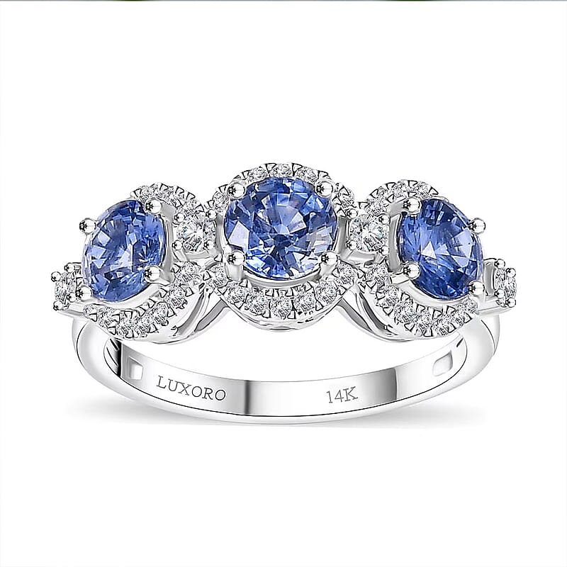 Certified & Appraised Luxoro AAA Ceylon Blue Sapphire and Diamond G-H I2 2.88 ctw Triple Halo Ring in 14K White Gold (Size  9.0)  4.37 Grams
