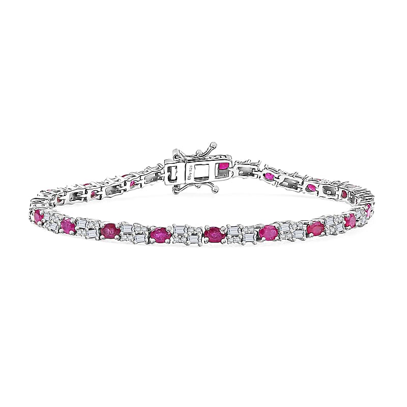 D'Joy Premium Montepuez Ruby and Moissanite 6.35 ctw Art & Deco Bracelet in Rhodium Over Sterling Silver (7.25 In)