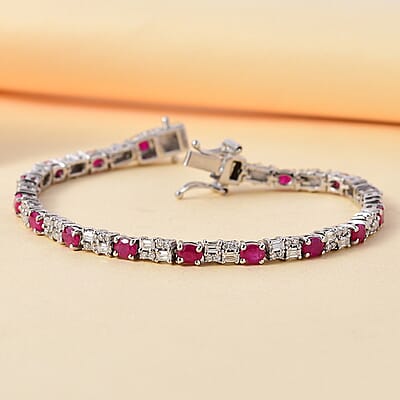 D'Joy Premium Montepuez Ruby and Moissanite 6.35 ctw Art & Deco Bracelet in Rhodium Over Sterling Silver (7.25 In)