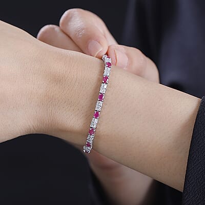 D'Joy Premium Montepuez Ruby and Moissanite 6.35 ctw Art & Deco Bracelet in Rhodium Over Sterling Silver (7.25 In)