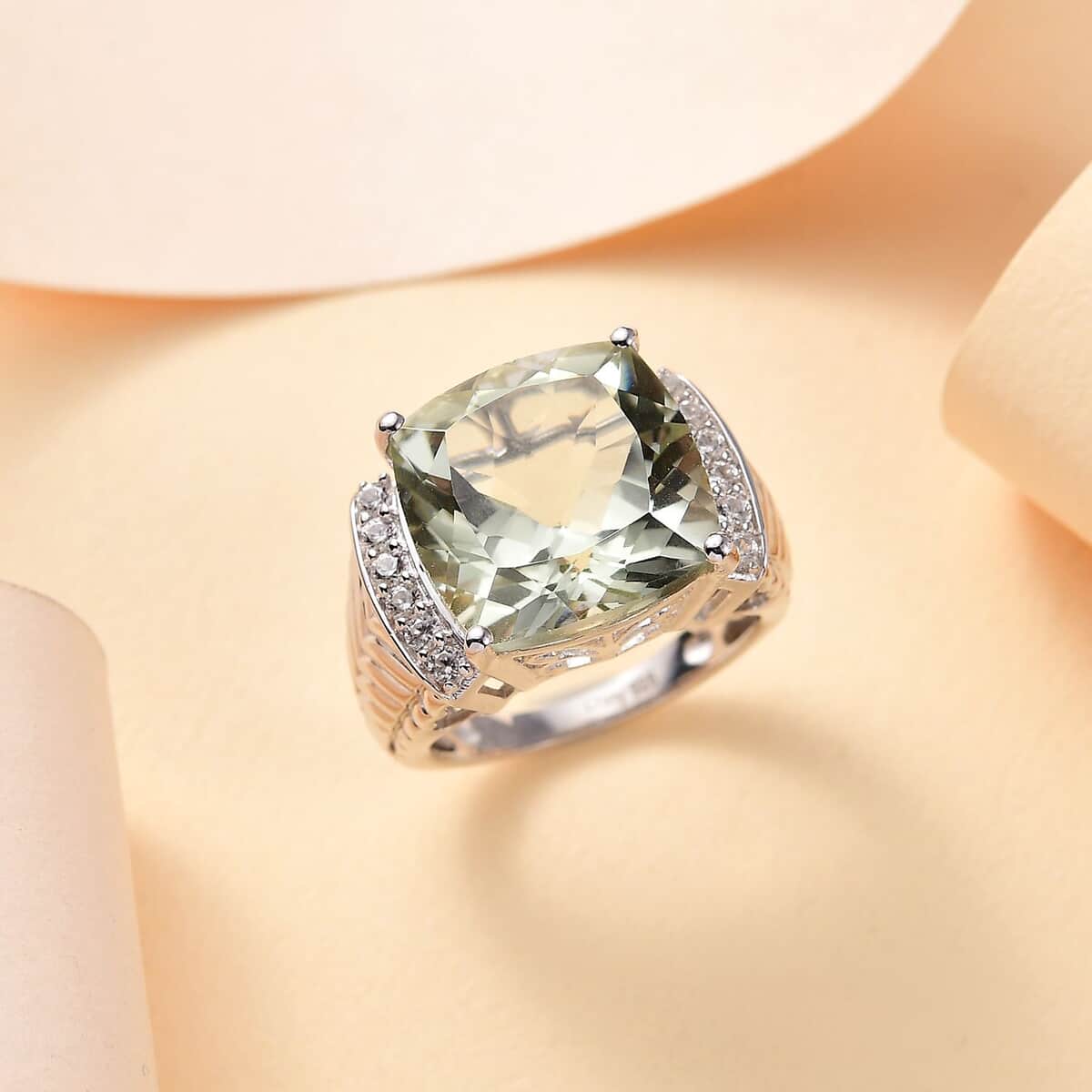 Montezuma Prasiolite and White Zircon 11.15 ctw Verdant Mist Ring in Platinum Over Sterling Silver (Size 7.0) image number 1