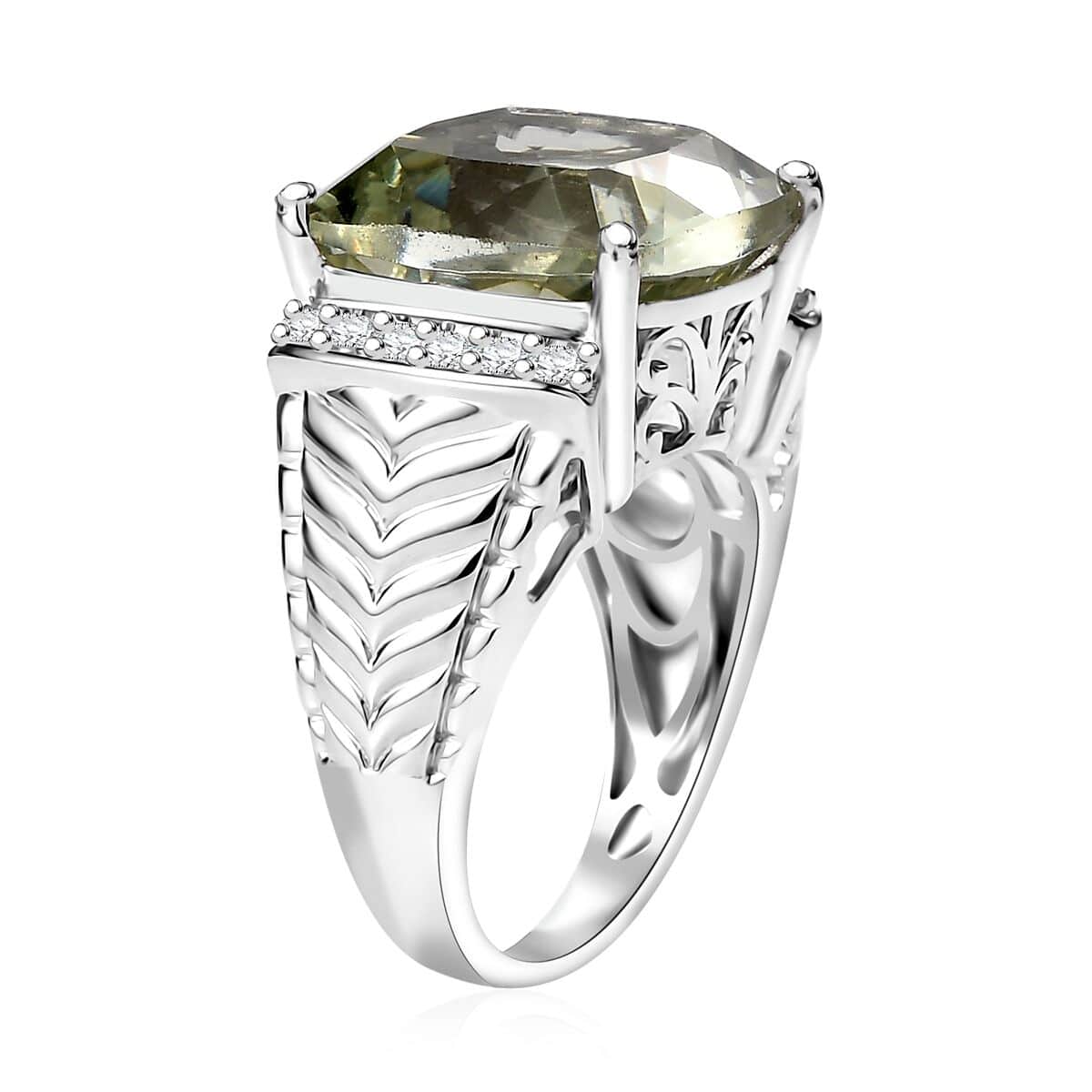 Montezuma Prasiolite and White Zircon 11.15 ctw Verdant Mist Ring in Platinum Over Sterling Silver (Size 7.0) image number 3