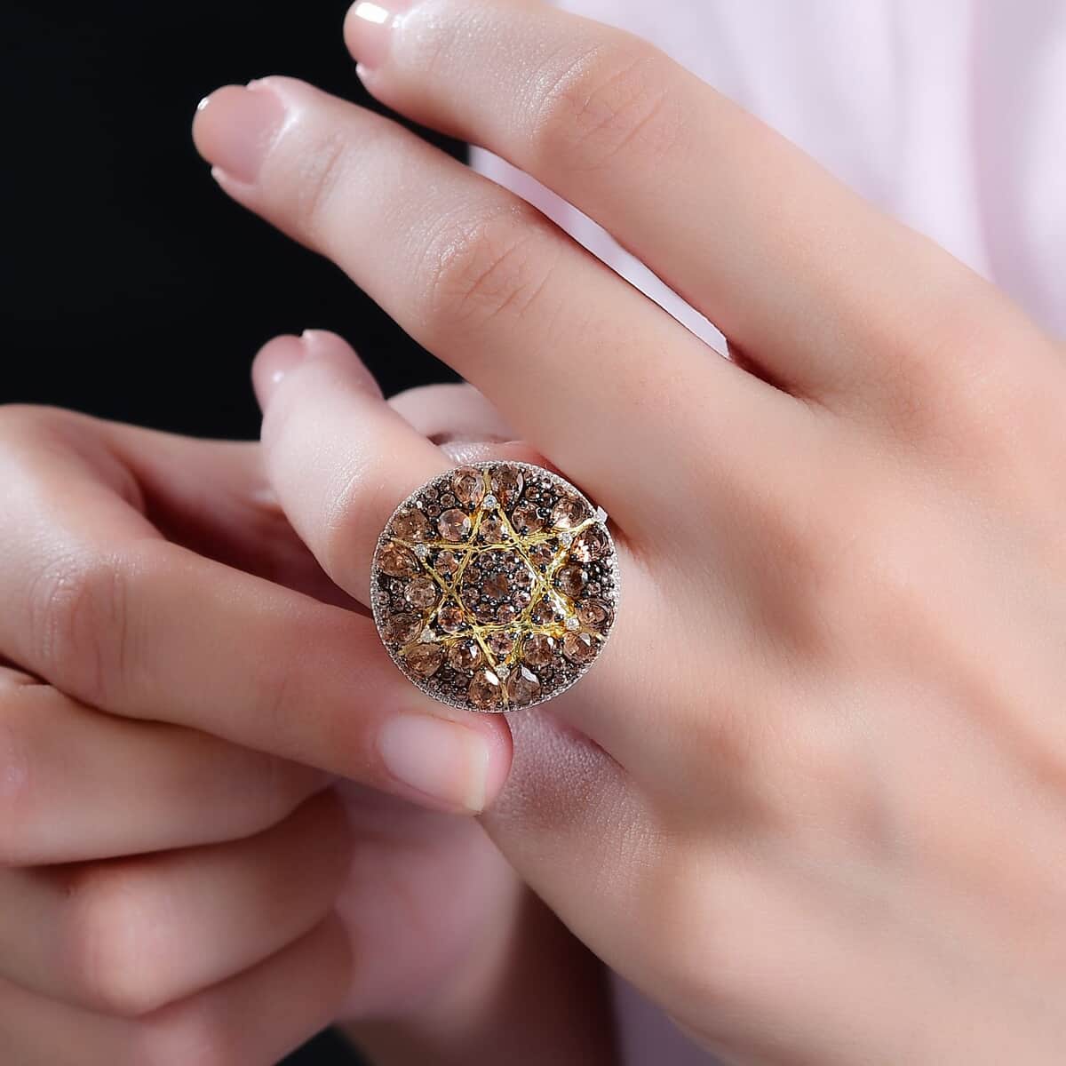 Jenipapo Andalusite and White Zircon 3.90 ctw Floral Mandala Ring in 18K Vermeil YG and Rhodium Over Sterling Silver (Size 10.0) image number 2