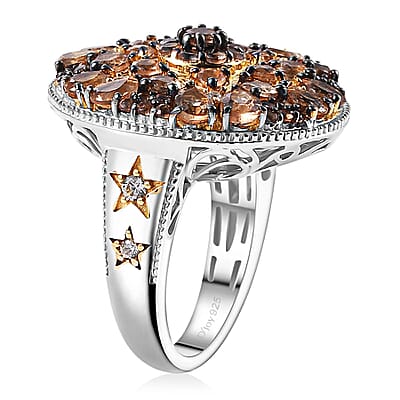 Jenipapo Andalusite and White Zircon 3.90 ctw Floral Mandala Ring in 18K Vermeil YG and Rhodium Over Sterling Silver (Size 10.0)