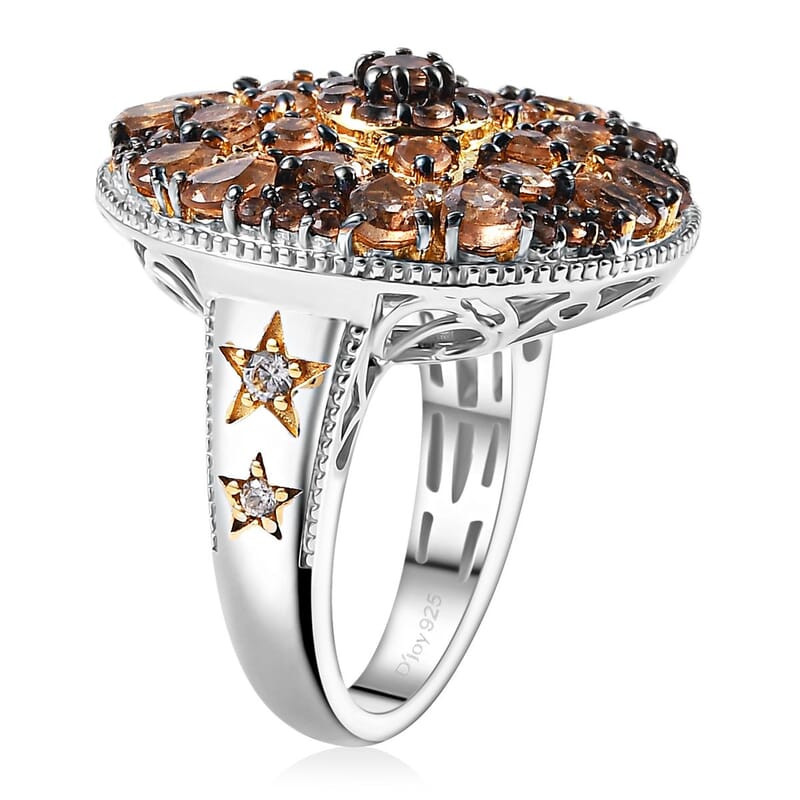 Jenipapo Andalusite and White Zircon 3.90 ctw Floral Mandala Ring in 18K Vermeil YG and Rhodium Over Sterling Silver (Size 10.0)