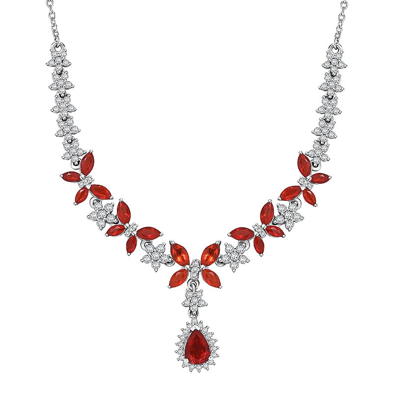 Mexican Cherry Fire Opal and Moissanite 3.65 ctw Butterfly Necklace in Rhodium Over Sterling Silver 18 Inches