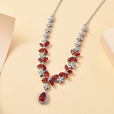 Mexican Cherry Fire Opal and Moissanite 3.65 ctw Butterfly Necklace in Rhodium Over Sterling Silver 18 Inches