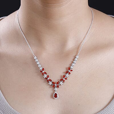 Mexican Cherry Fire Opal and Moissanite 3.65 ctw Butterfly Necklace in Rhodium Over Sterling Silver 18 Inches