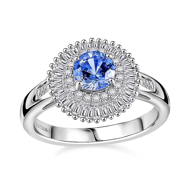 Certified & Appraised Luxoro AAA Ceylon Blue Sapphire, Diamond Double Halo Ring in 14K White Gold 1.32 ctw (Size 10.0)