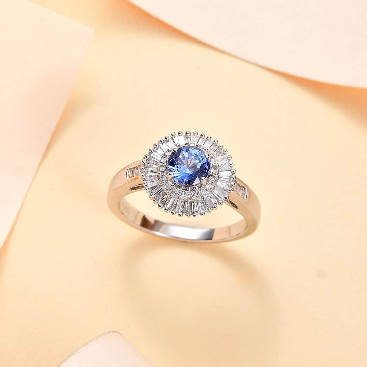 Certified & Appraised AAA Ceylon Blue Sapphire and G-H I2 Diamond 1.32 ctw Double Halo Ring in 14K White Gold (Size 10.0) 4.05 Grams image number 1