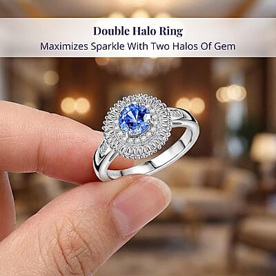 Certified & Appraised Luxoro AAA Ceylon Blue Sapphire, Diamond Double Halo Ring in 14K White Gold 1.32 ctw (Size 10.0)