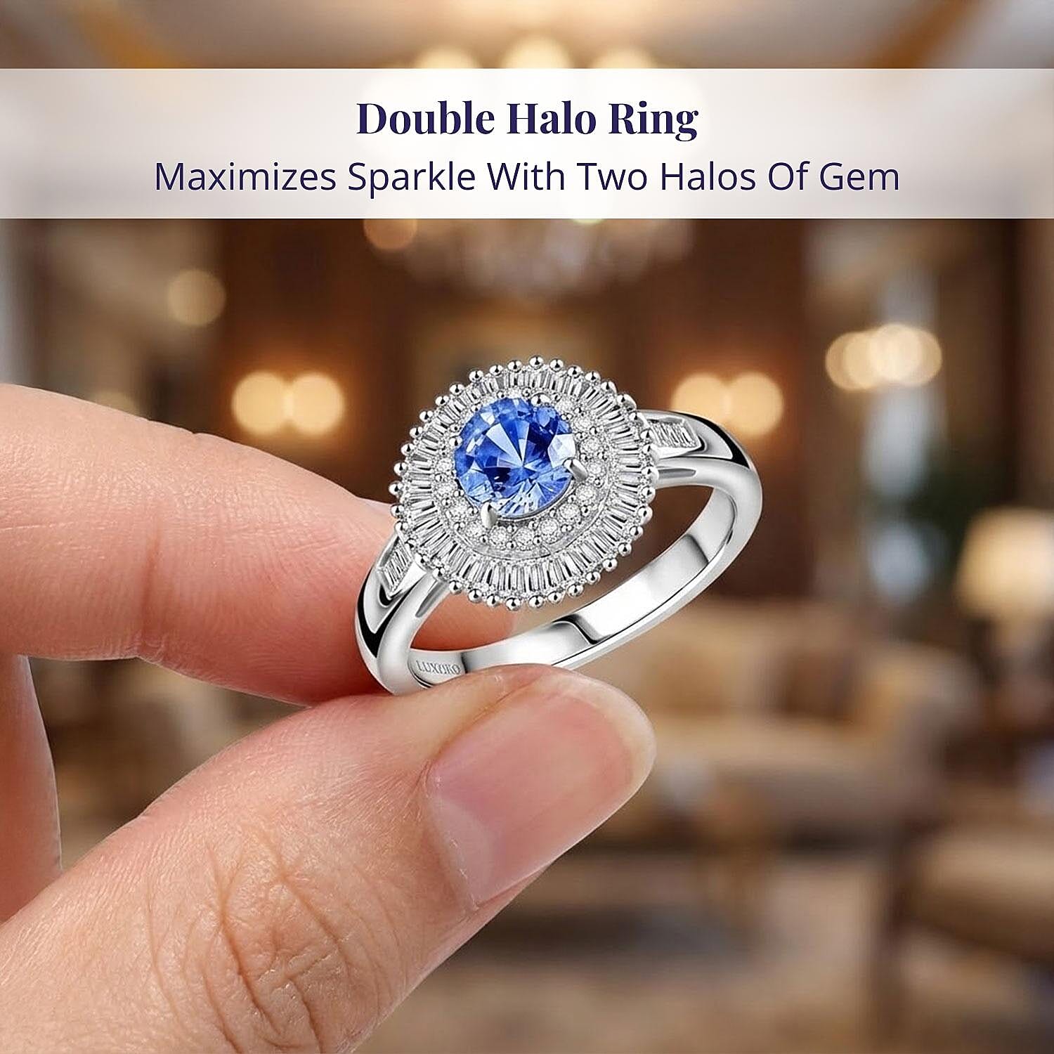 Certified & Appraised Luxoro AAA Ceylon Blue Sapphire and G-H I2 Diamond 1.32 ctw Double Halo Ring in 14K White Gold (Size 6.0) 4.05 Grams