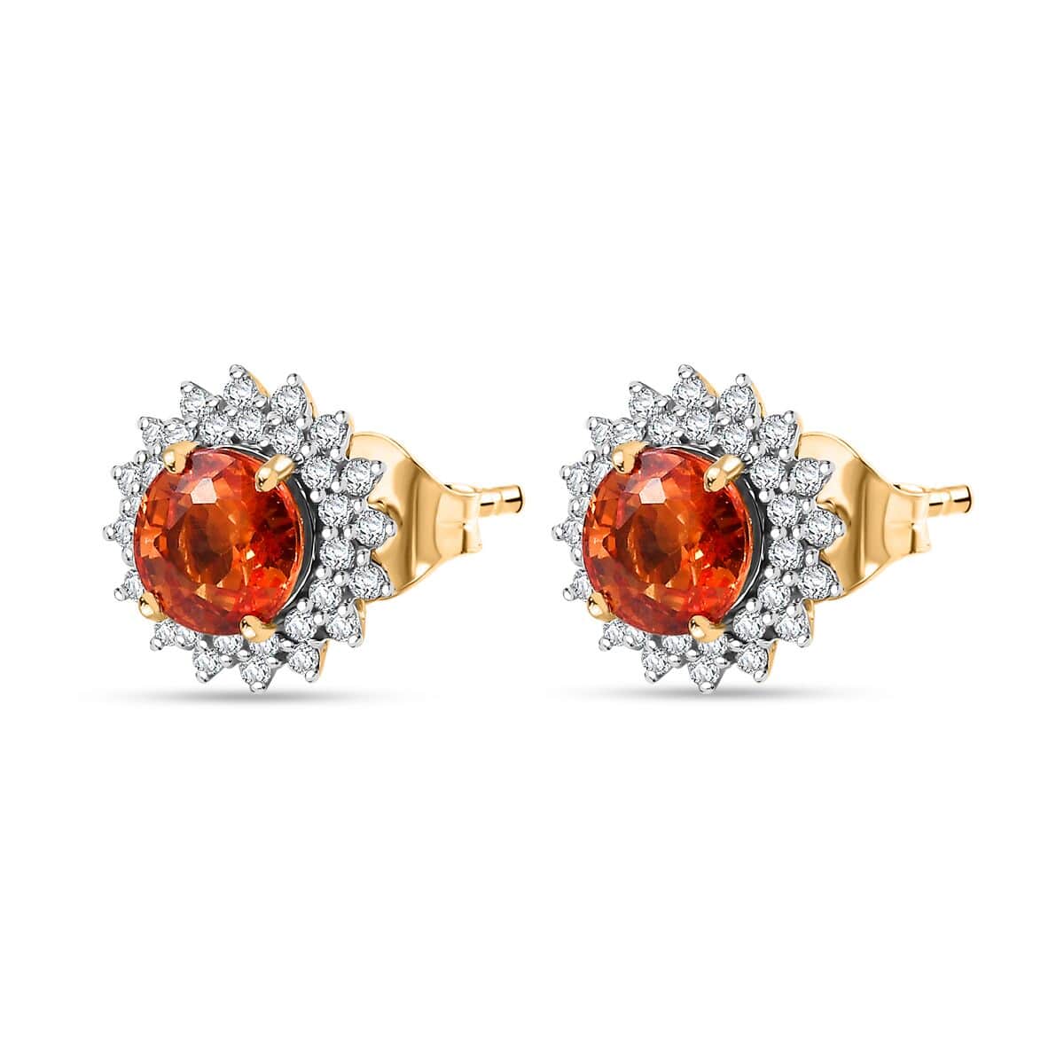 Certified & Appraised Luxoro AAA Songea Sapphire and G-H I2 Diamond 2.20 ctw Sunburst Stud Earrings in 14K Yellow Gold image number 3