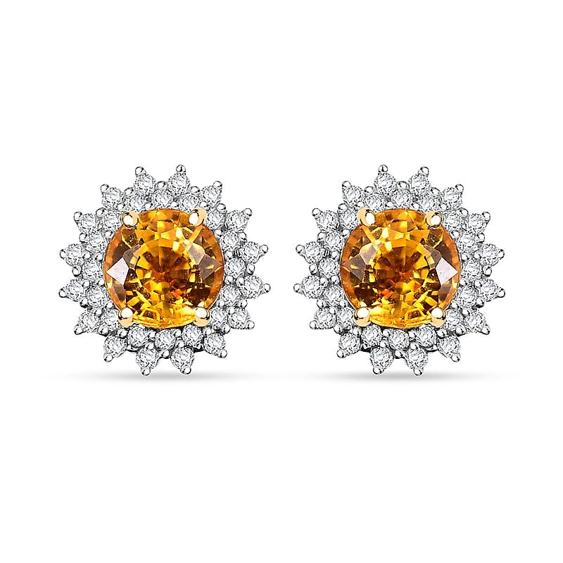 Certified & Appraised Luxoro AAA Madagascar Yellow Sapphire and G-H I2 Diamond 2.23 ctw Sunburst Stud Earrings in 14K Yellow Gold