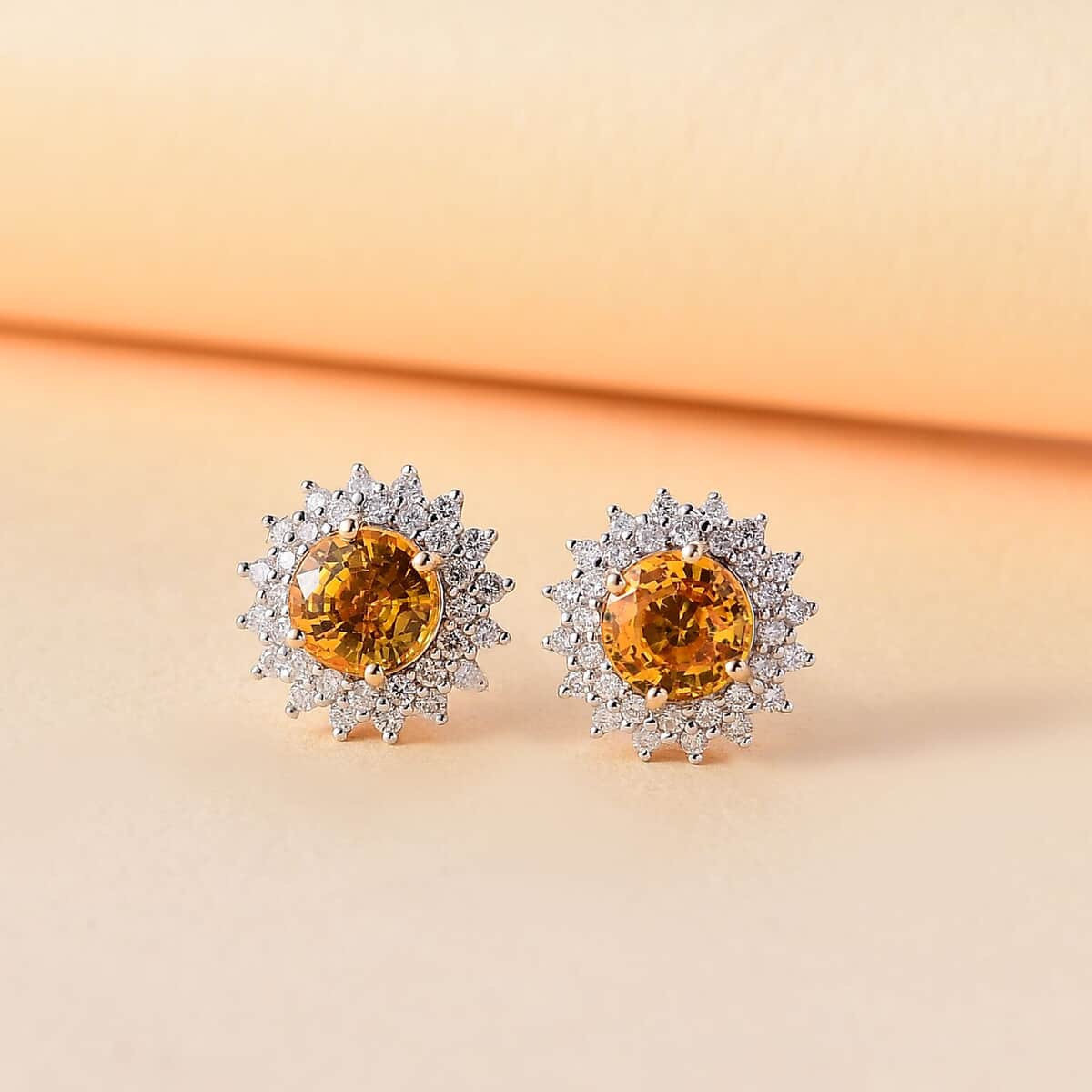 Certified & Appraised Luxoro AAA Madagascar Yellow Sapphire and G-H I2 Diamond 2.23 ctw Sunburst Stud Earrings in 14K Yellow Gold image number 1