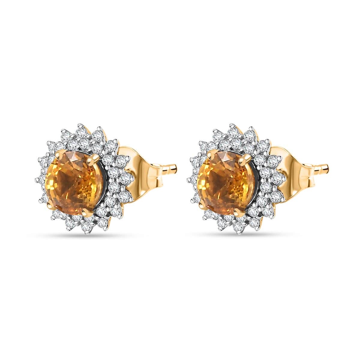 Certified & Appraised Luxoro AAA Madagascar Yellow Sapphire and G-H I2 Diamond 2.23 ctw Sunburst Stud Earrings in 14K Yellow Gold image number 3