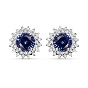 Certified & Appraised Luxoro AAA Blue Sapphire and G-H I2 Diamond 1.97 ctw Sunburst Stud Earrings in 14K White Gold