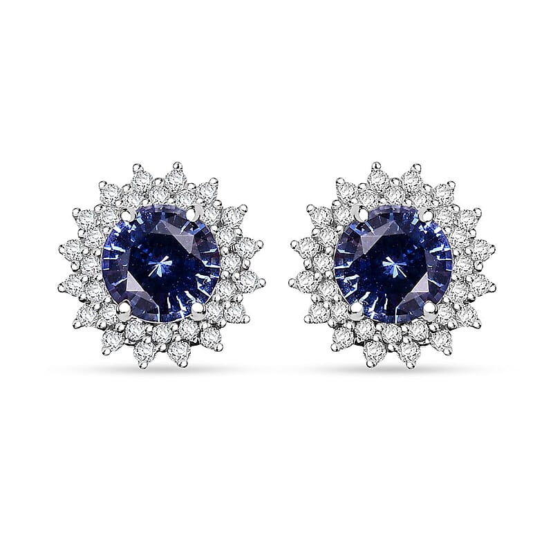 Certified & Appraised Luxoro AAA Blue Sapphire and G-H I2 Diamond 1.97 ctw Sunburst Stud Earrings in 14K White Gold