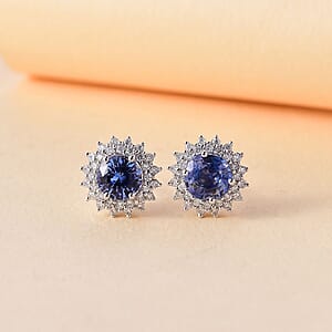Certified & Appraised Luxoro AAA Blue Sapphire and G-H I2 Diamond 1.97 ctw Sunburst Stud Earrings in 14K White Gold