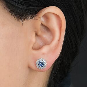 Certified & Appraised Luxoro AAA Blue Sapphire and G-H I2 Diamond 1.97 ctw Sunburst Stud Earrings in 14K White Gold