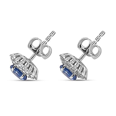 Certified & Appraised Luxoro AAA Blue Sapphire and G-H I2 Diamond 1.97 ctw Sunburst Stud Earrings in 14K White Gold