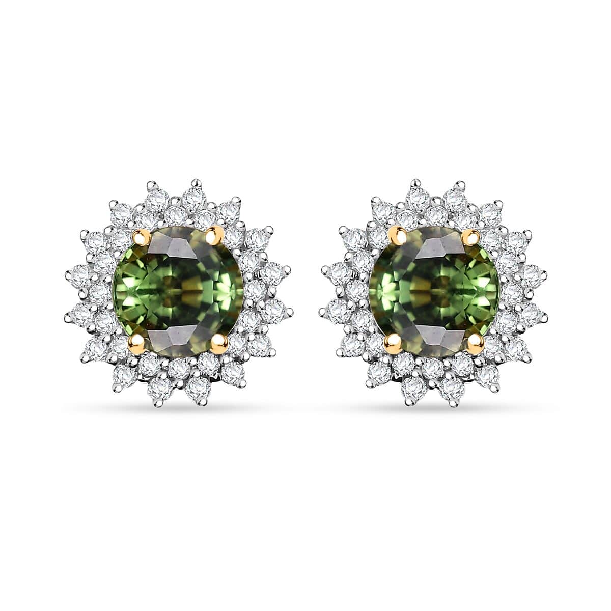 Certified & Appraised Luxoro AAA Green Sapphire and G-H I2 Diamond 2.20 ctw Sunburst Stud Earrings in 14K Yellow Gold image number 0