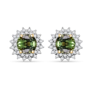 Certified & Appraised Luxoro AAA Green Sapphire and G-H I2 Diamond 2.20 ctw Sunburst Stud Earrings in 14K Yellow Gold