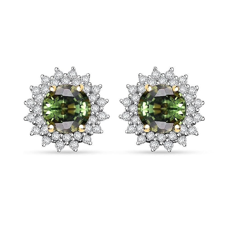Certified & Appraised Luxoro AAA Green Sapphire and G-H I2 Diamond 2.20 ctw Sunburst Stud Earrings in 14K Yellow Gold