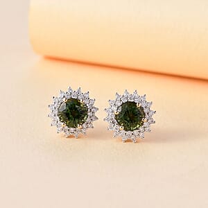 Certified & Appraised Luxoro AAA Green Sapphire and G-H I2 Diamond 2.20 ctw Sunburst Stud Earrings in 14K Yellow Gold