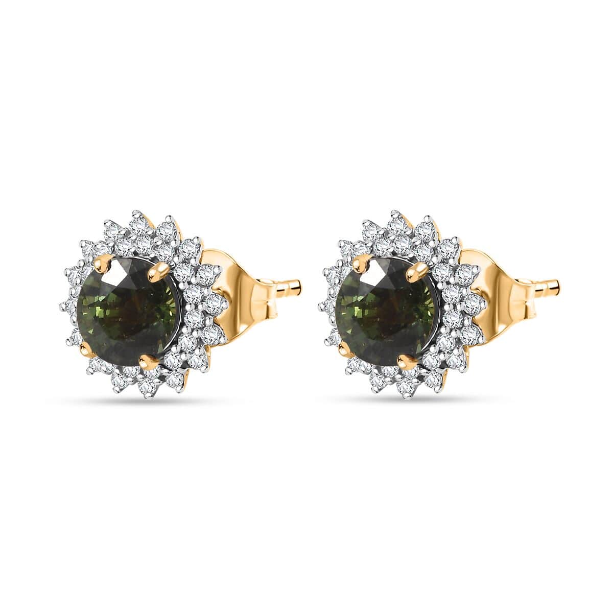 Certified & Appraised Luxoro AAA Green Sapphire and G-H I2 Diamond 2.20 ctw Sunburst Stud Earrings in 14K Yellow Gold image number 3