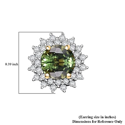 Certified & Appraised Luxoro AAA Green Sapphire and G-H I2 Diamond 2.20 ctw Sunburst Stud Earrings in 14K Yellow Gold