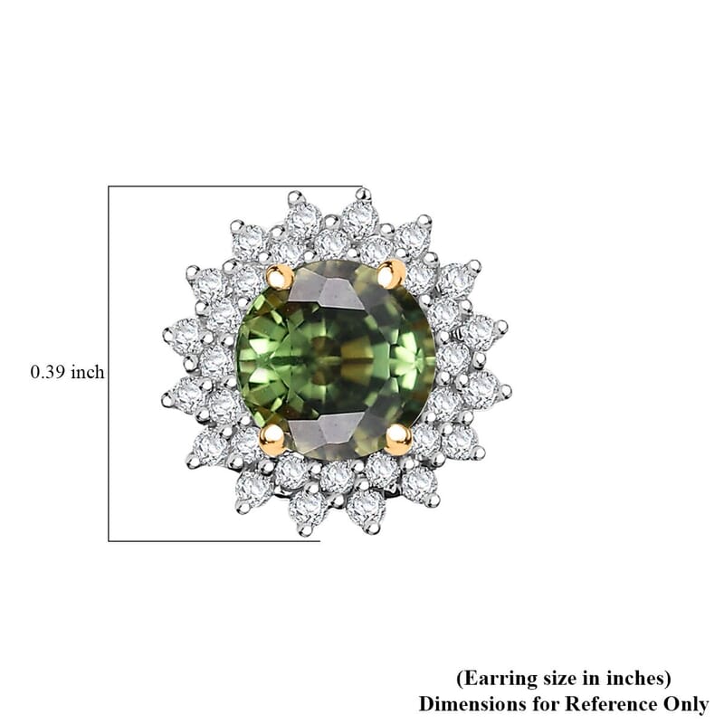 Certified & Appraised Luxoro AAA Green Sapphire and G-H I2 Diamond 2.20 ctw Sunburst Stud Earrings in 14K Yellow Gold