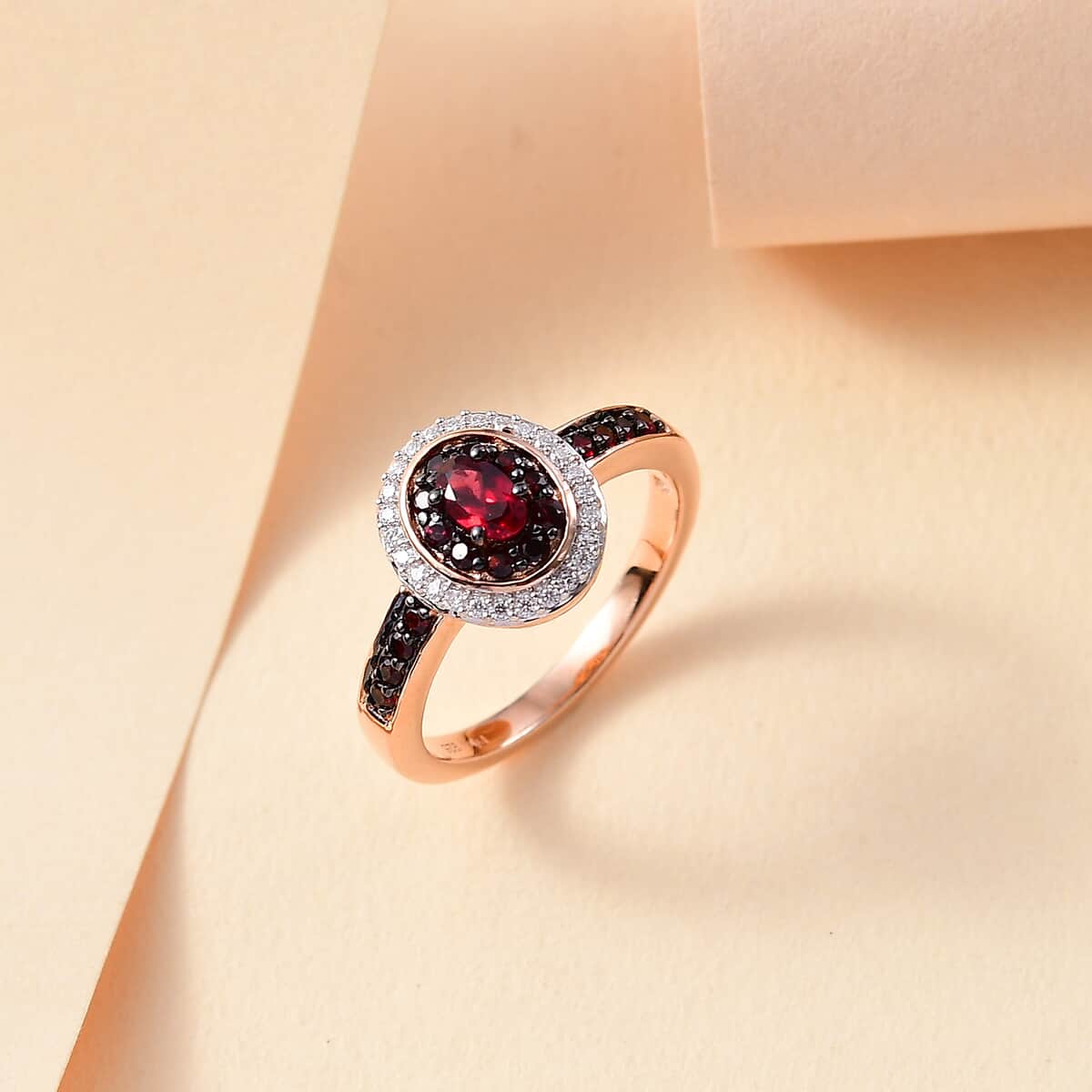 Premium Anthill Garnet and Moissanite 0.80 ctw Double Halo Ring in 18K Vermeil Rose Gold Over Sterling Silver image number 1