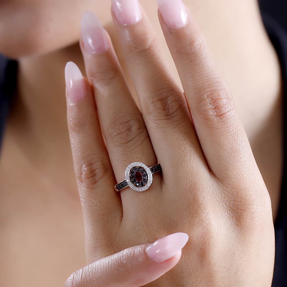 Premium Anthill Garnet and Moissanite 0.80 ctw Double Halo Ring in 18K Vermeil Rose Gold Over Sterling Silver image number 2