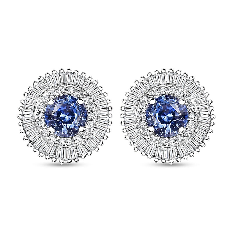 Certified & Appraised Luxoro AAA Ceylon Blue Sapphire and G-H I2 Diamond 2.48 ctw Stud Earrings in 14K White Gold