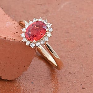 Certified and Appraised Luxoro AAA Red Sapphire and G-H I2 Diamond 1.75 ctw Sunburst Ring in 14K Yellow Gold (Size 9.5)