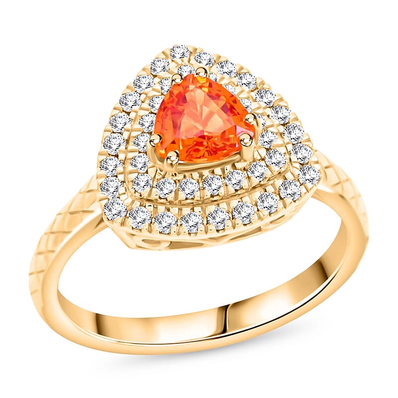 Luxoro 14K Yellow Gold AAA Songea Sapphire, Diamond (G-H, I2) (0.41 cts) Double Halo Ring (Size 12.0) (5.25 g) 1.50 ctw