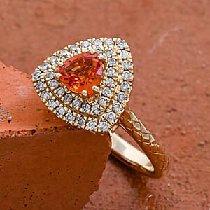 Luxoro 14K Yellow Gold AAA Songea Sapphire, Diamond (G-H, I2) (0.41 cts) Double Halo Ring (Size 5.0) (5.25 g) 1.50 ctw